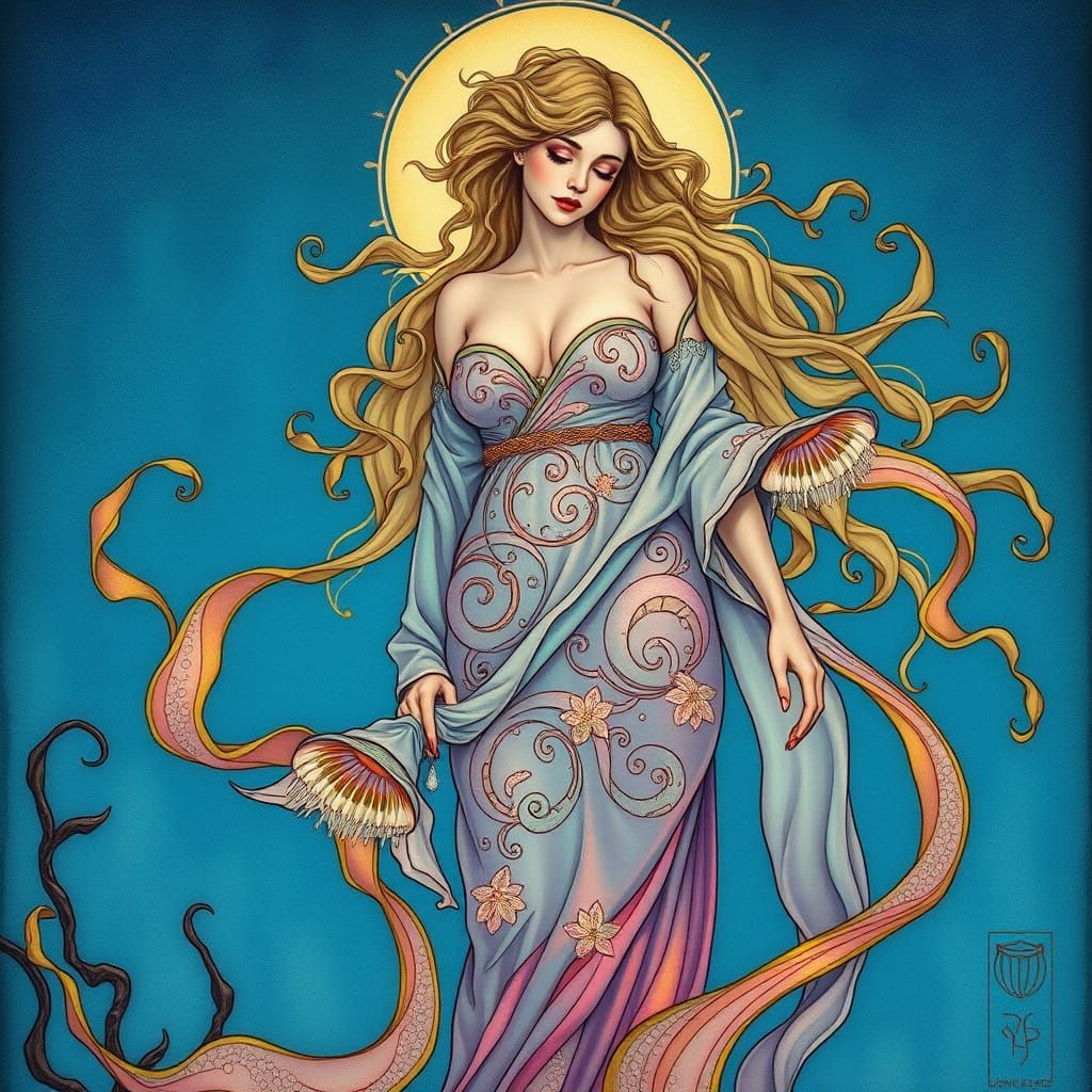 Ethereal Art Nouveau Siren Portrait in Iridescent Robes