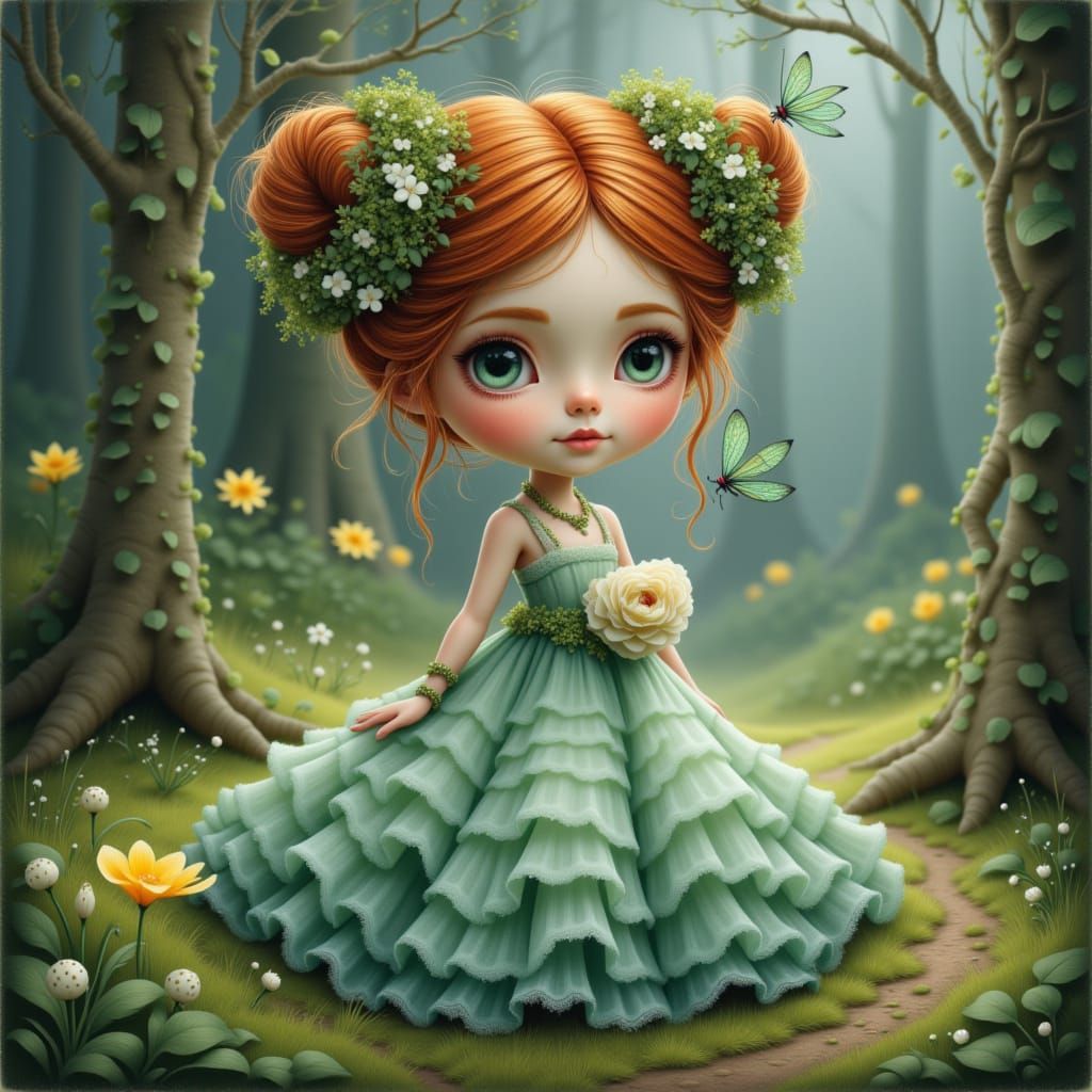 Ethereal Woman in Dreamlike Forest, in Watercolor Style