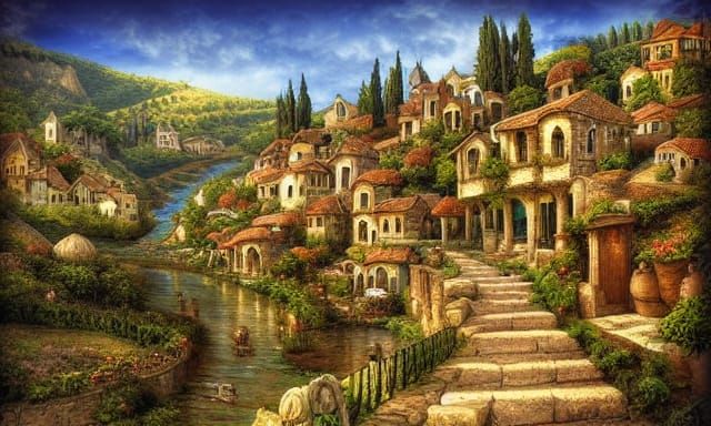 Steampunk Mediterranean Village with Ancient Greek Architect...