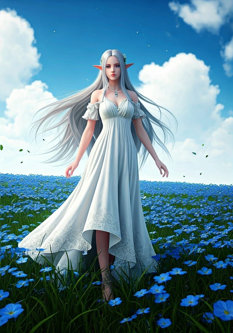 Elven Woman in Field, Dark Fantasy Art Nouveau Style