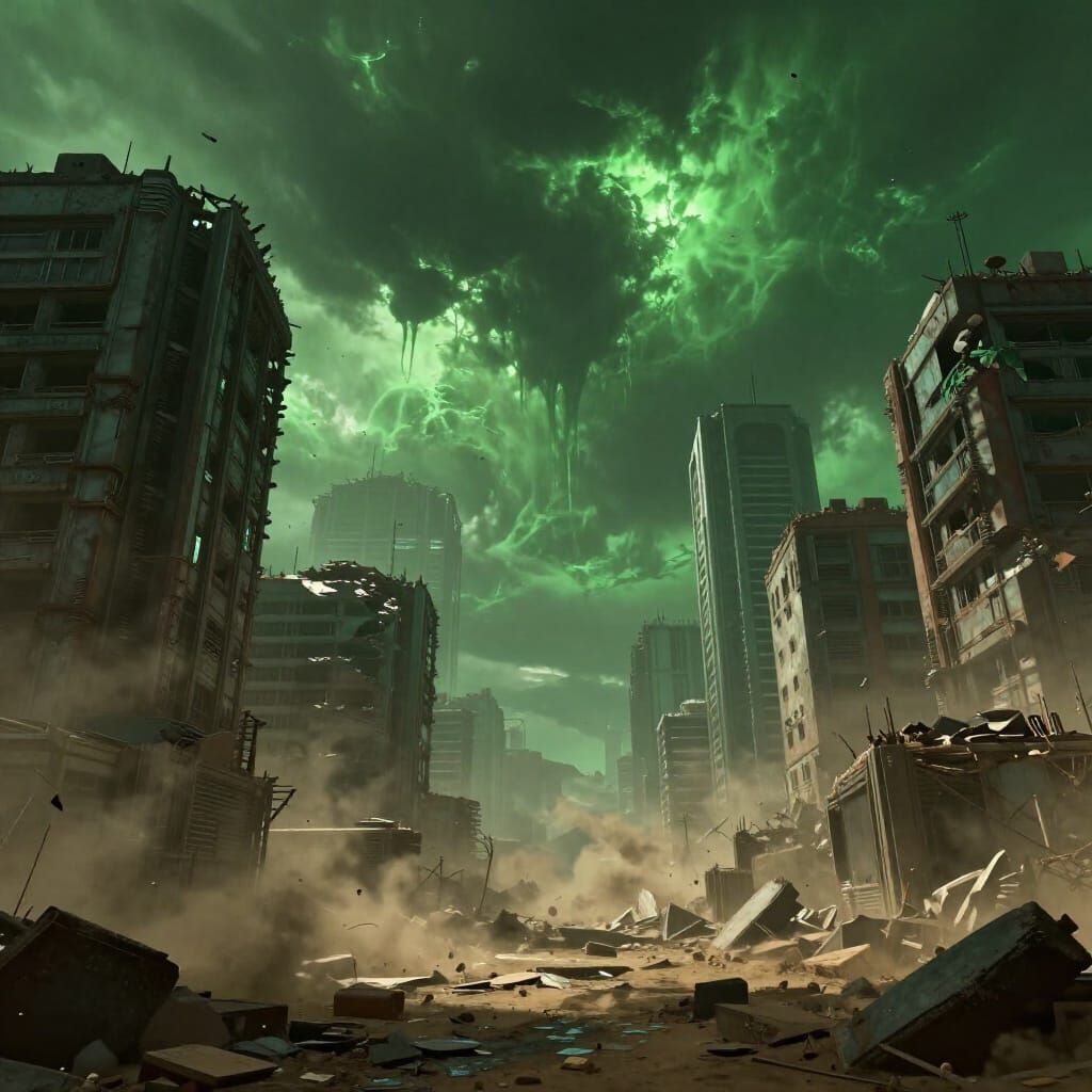 Apocalyptic City Under Toxic Green Sky