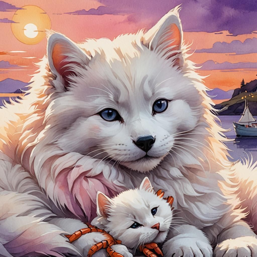 Kitten, Samoyed, and Crab Watch Sunset: Watercolor Cartoon