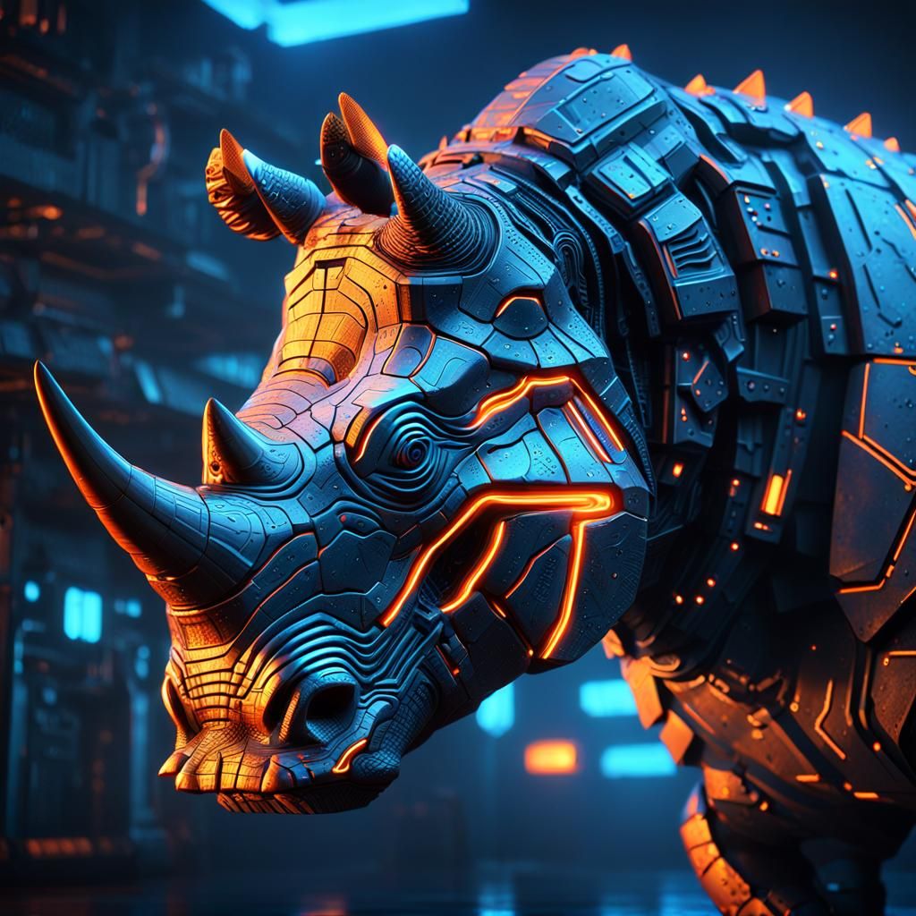 Cybernetic Rhinosaur Face in Neon-Lit Mist