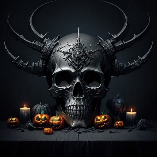 Metallic Skull on Altar - Gothic Halloween Art