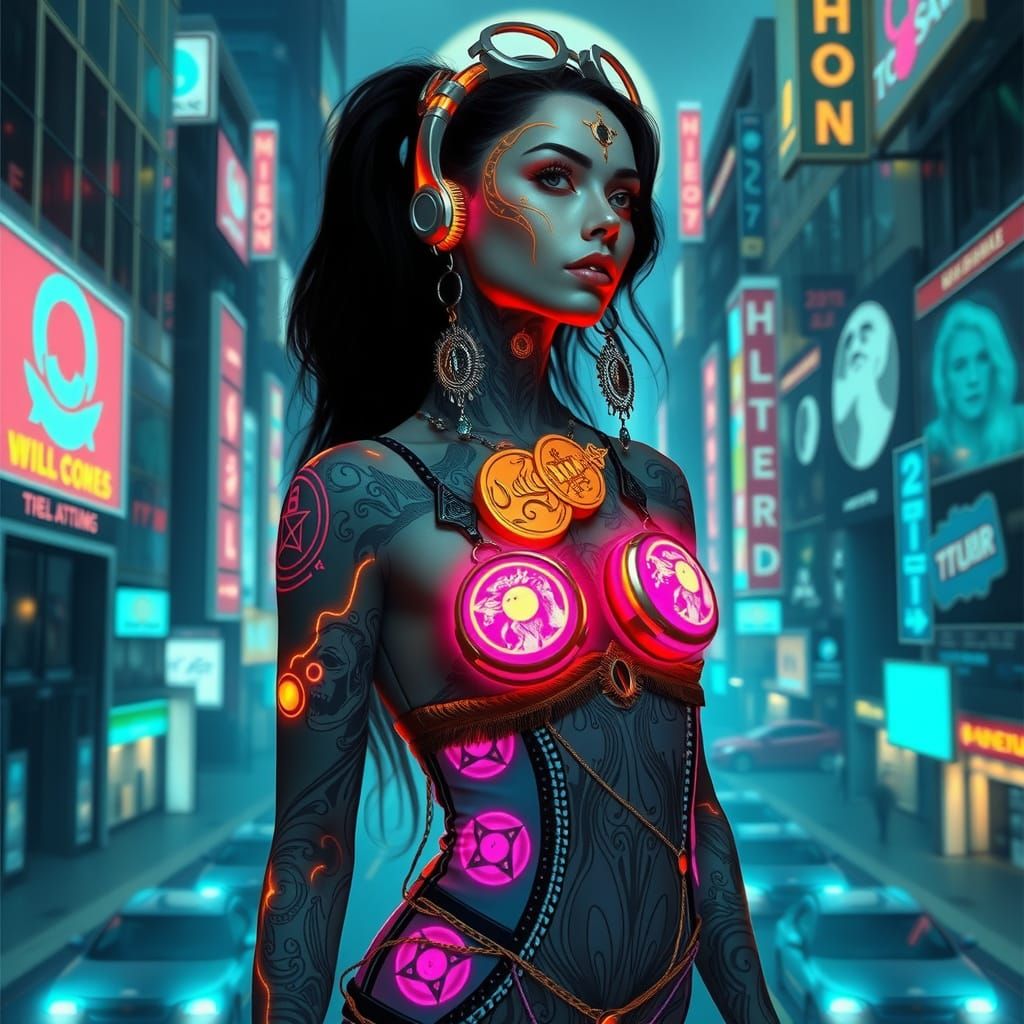 Cyberpunk Goddess in Neon Dreamscape