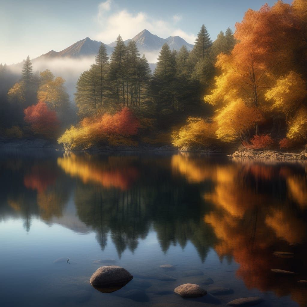 Surreal Autumn Lake Scene with Meteorite Impact
