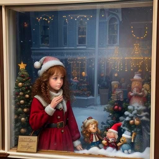 Girl and Christmas Toys in Shop Window