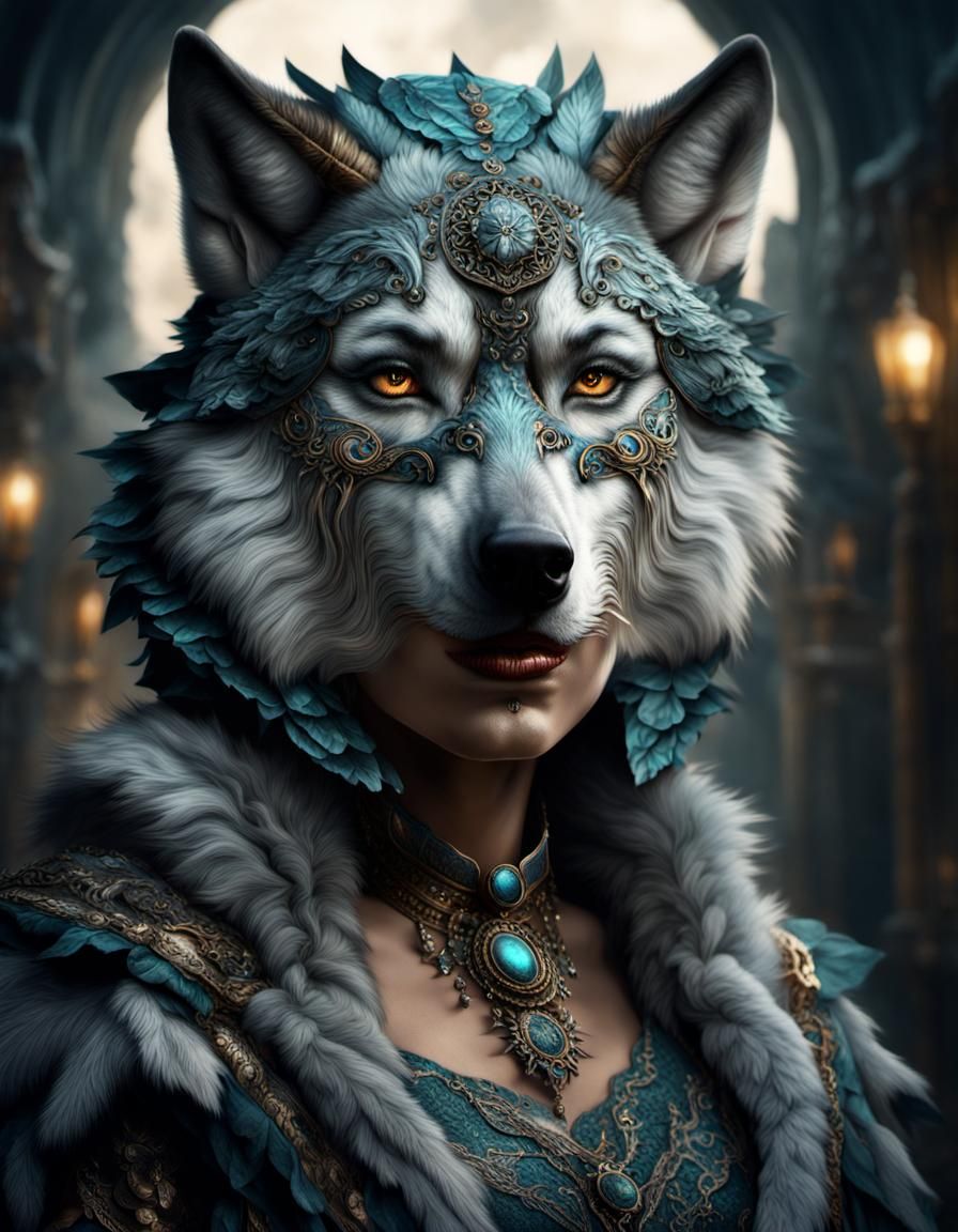 A wolf woman with wolf head,face and eyes dressed in extravagant clothes