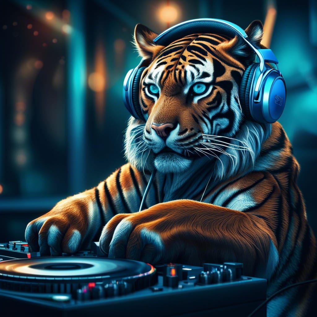 Hyperrealistic DJ Tiger with Headphones