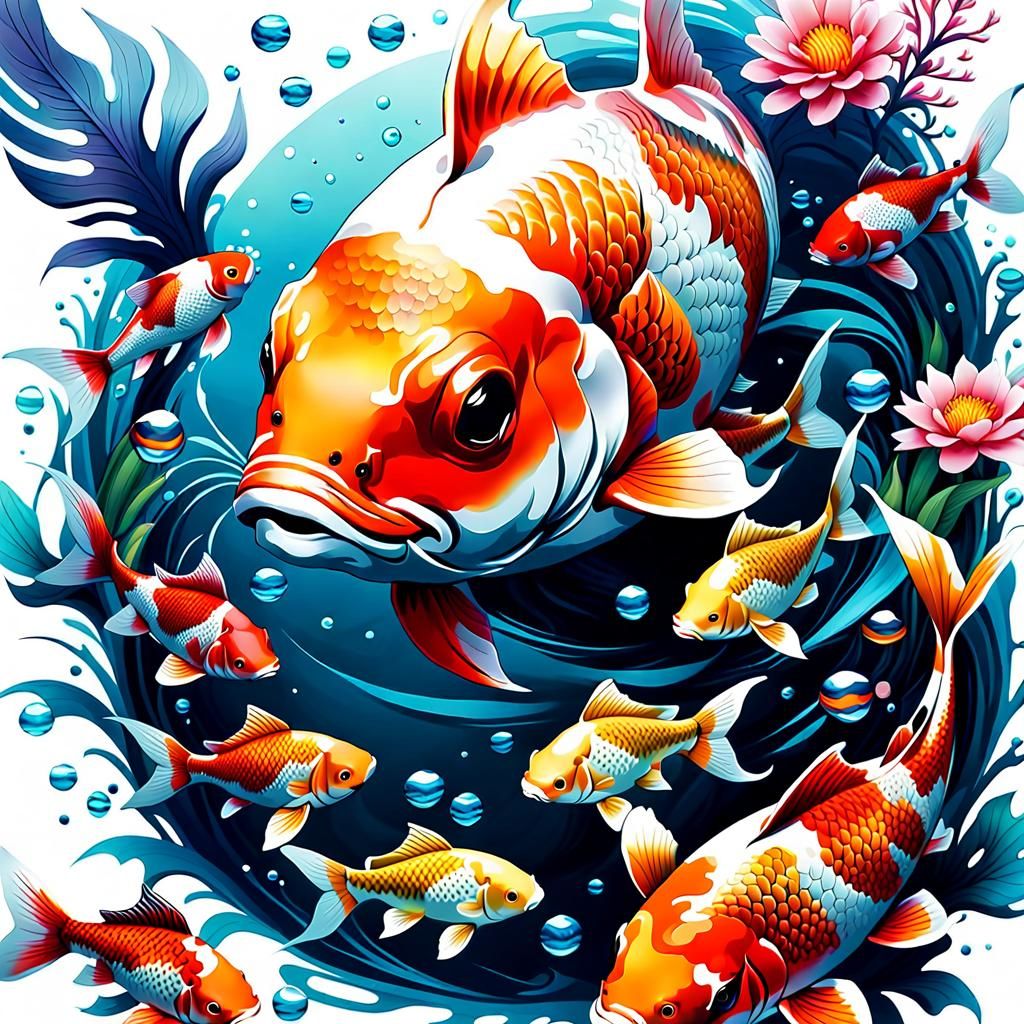 Koi Carp Portrait with Abstract Grunge Art