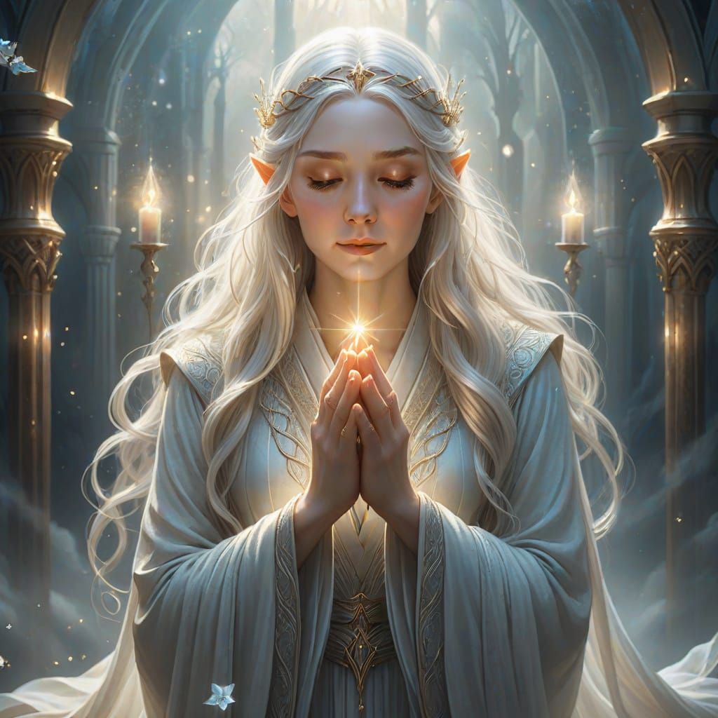 Radiant Elf Woman in Prayer: Fantasy Art