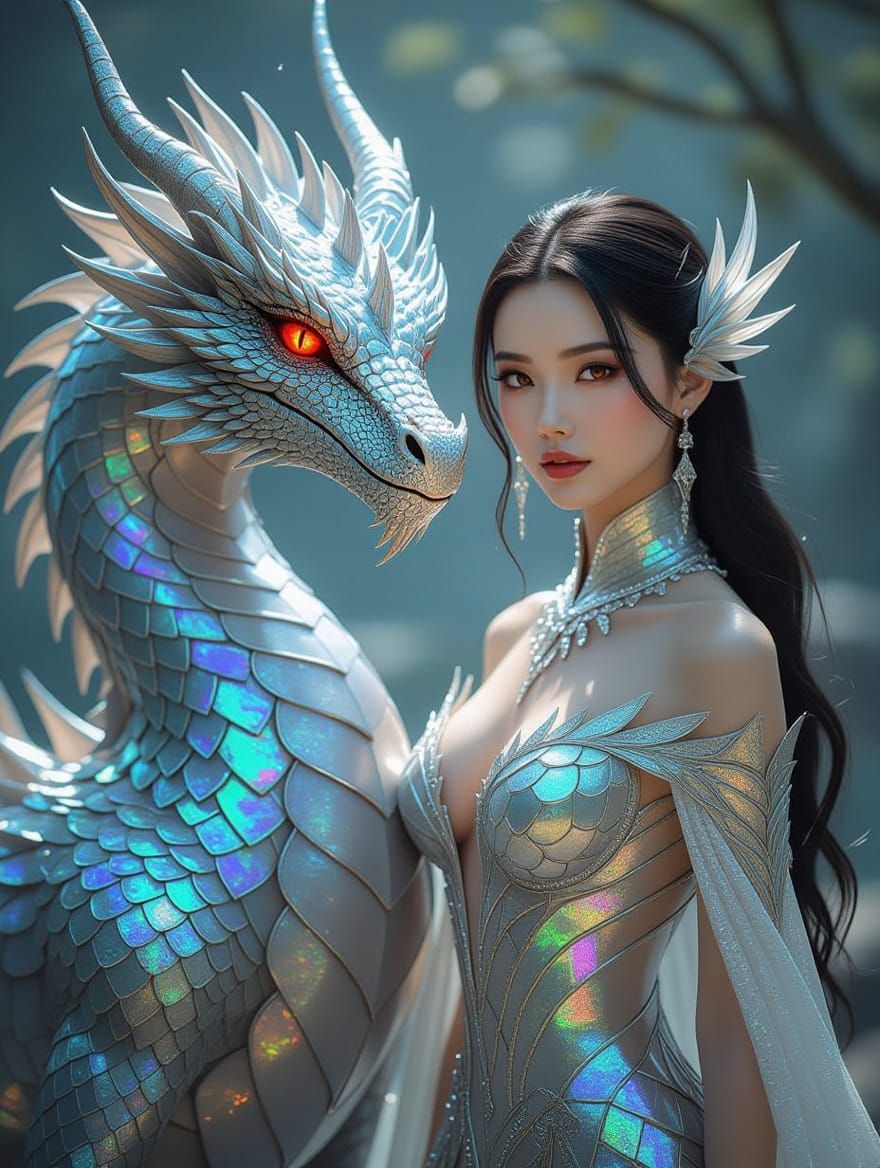 Regal Silver Metallic Dragon with Iridescent Scaled Woman in...