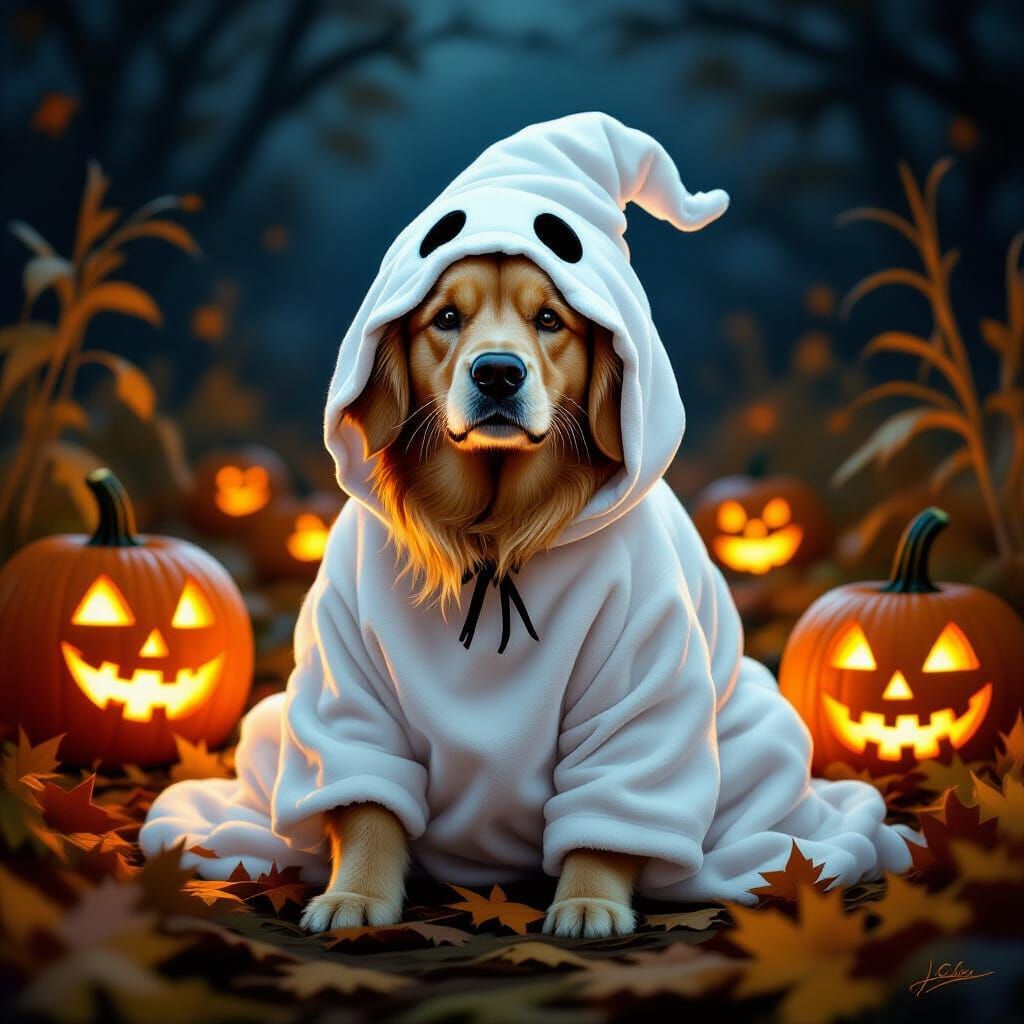 Ghostly Golden Retriever in Spooky Pumpkin Patch