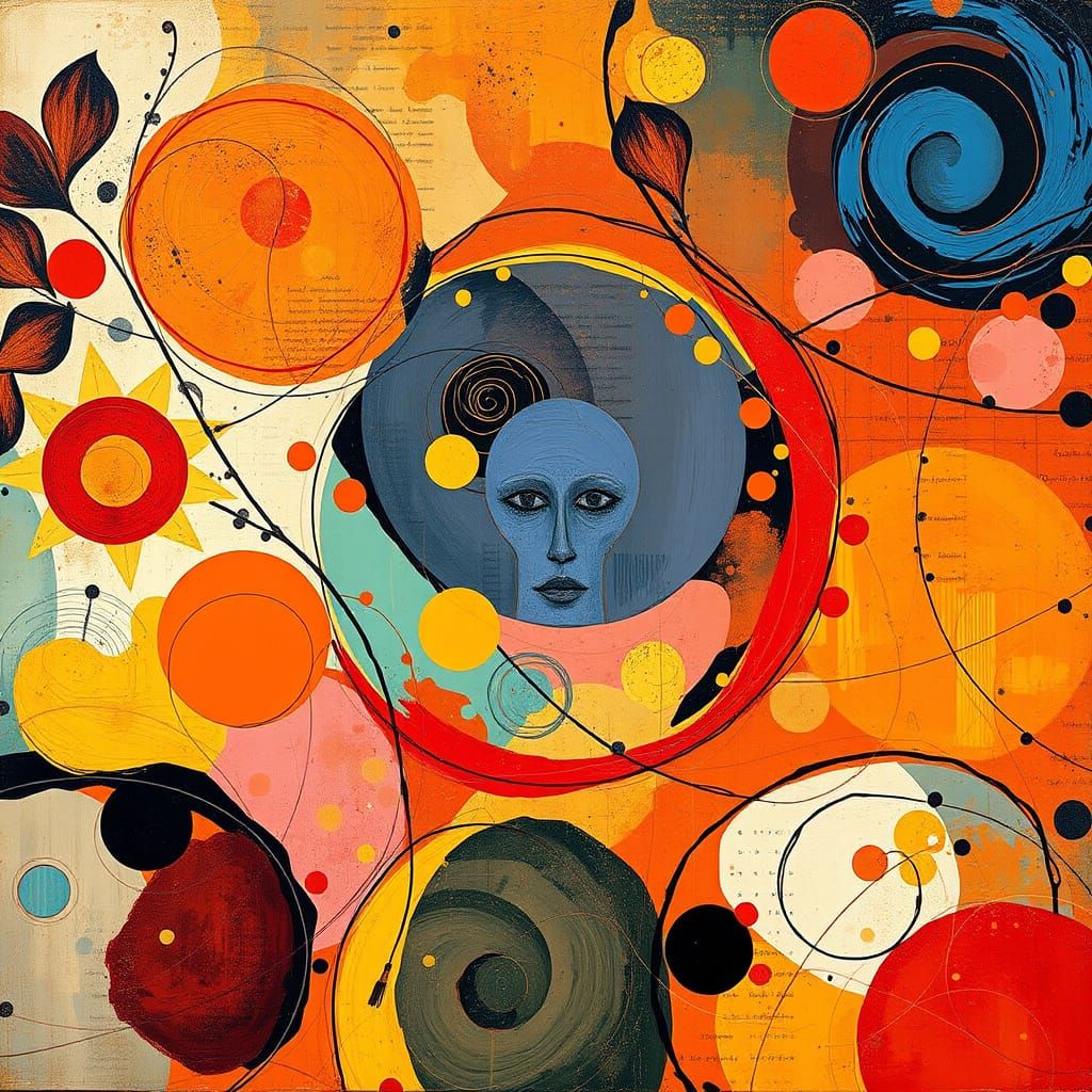 Vibrant Vintage Art Composition with Dynamic Movement