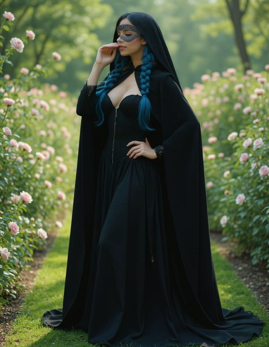 Cloaked Figure in Rose Garden