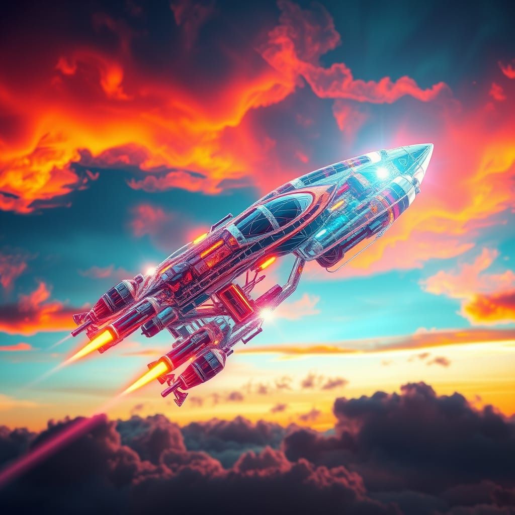 Futuristic Spaceship Soaring in Alcohol Ink Sky