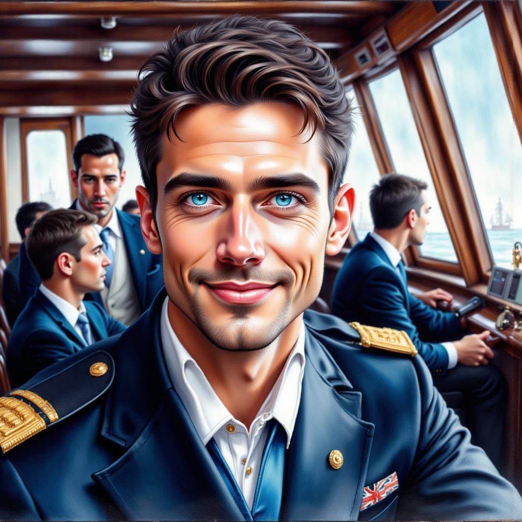 Young Naval Officer Smiling on Ship Bridge