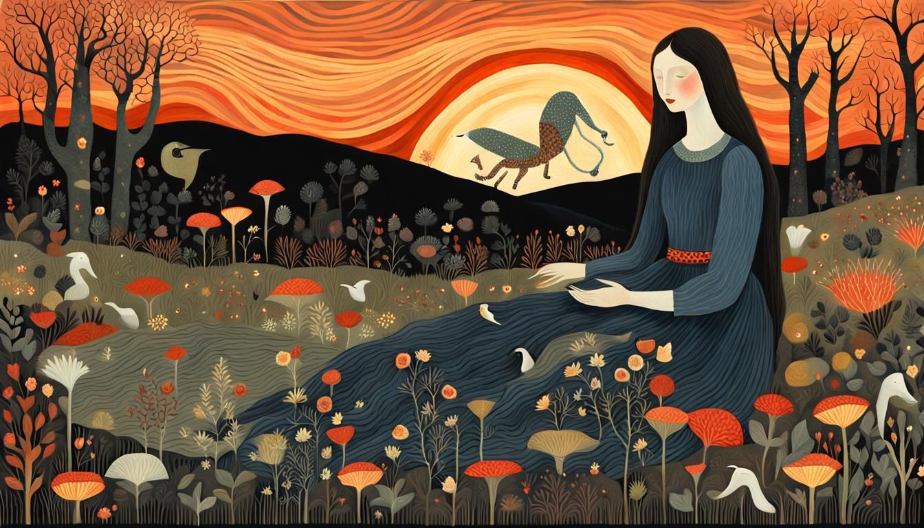 Bio Art Collage: Woman, Sunset, and Folklore Creatures