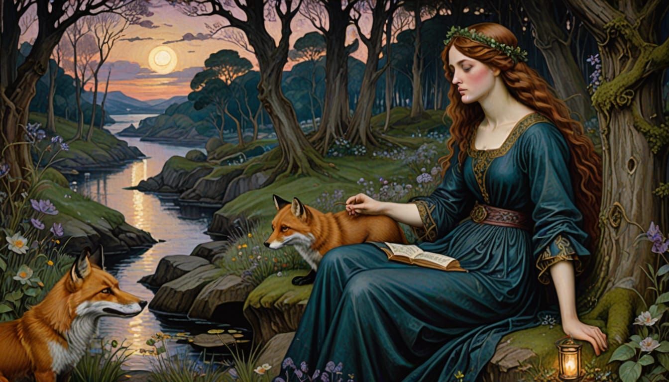 Bioluminescent Grotto: Fox-Woman in Moonlight Gown