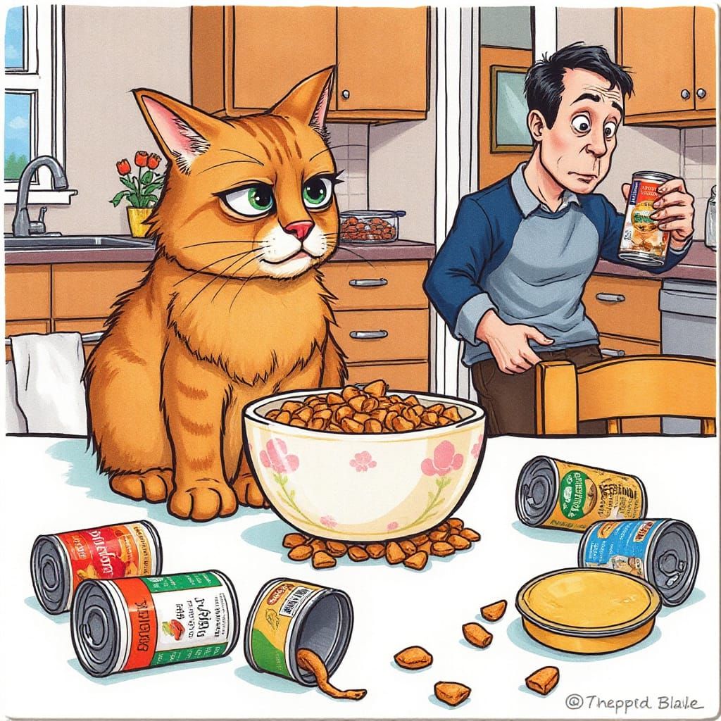 Dainty Feline Rejects Unappetizing Kibble in Whimsical Carto...
