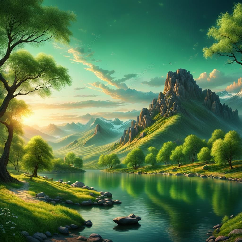 Epic Spring Sundown Digital Matte Painting