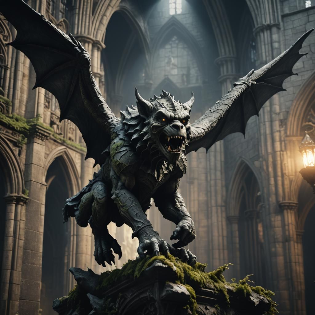Gothic Gargoyle Leaping Forward, Detailed 8K Render