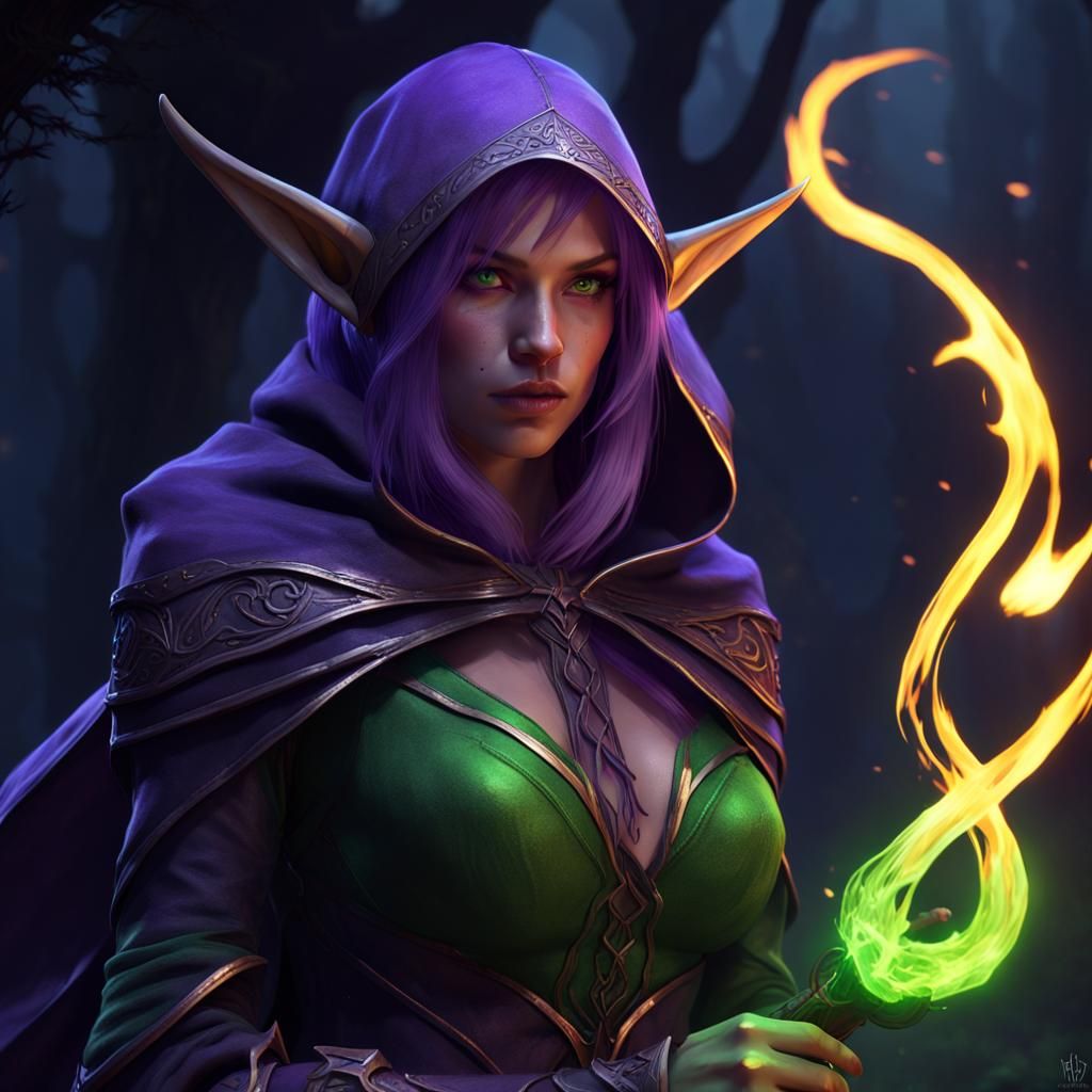 Elf Ranger with Flaming Bow: Dark Fantasy Art
