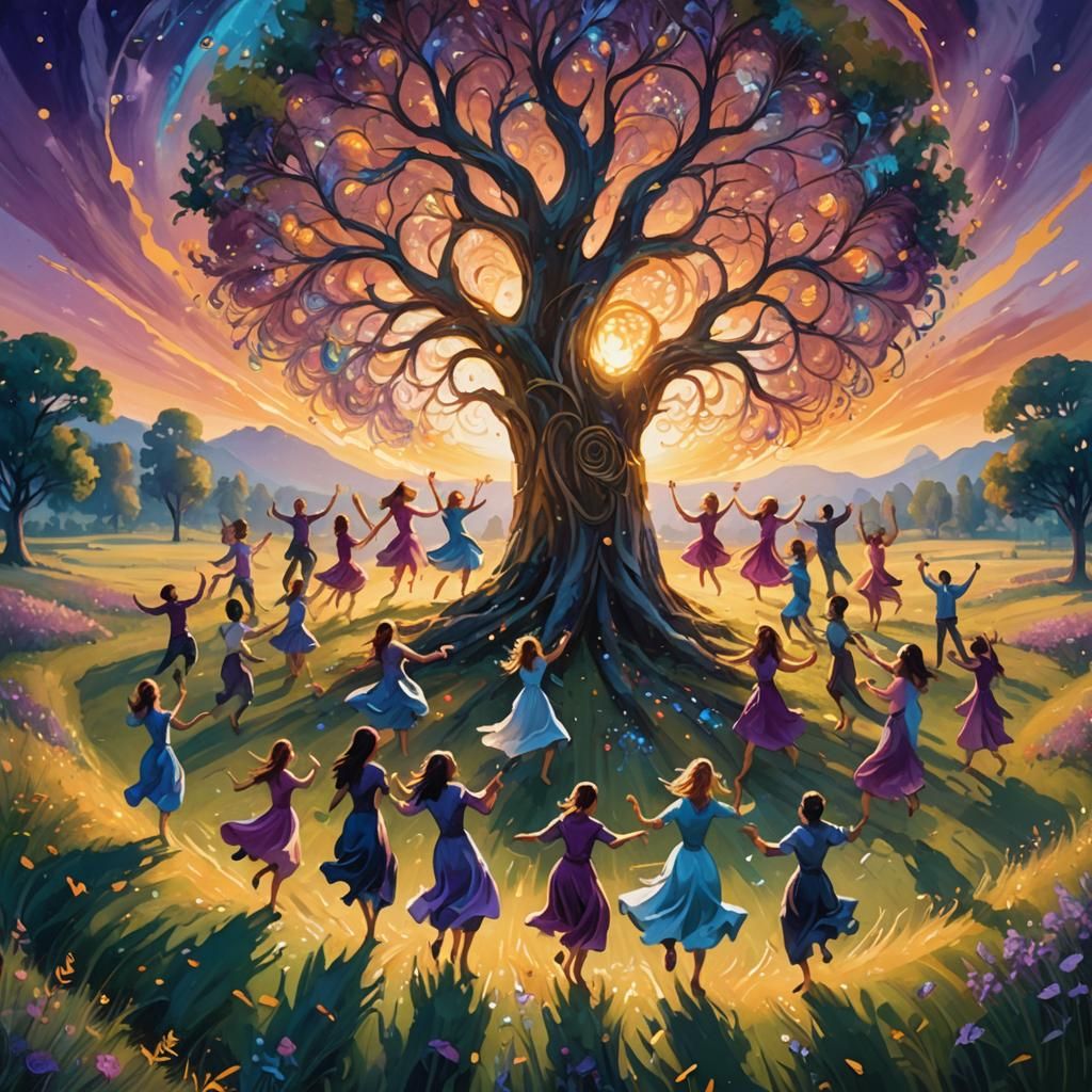 People Dancing Around a Glowing Tree as Oil Painting