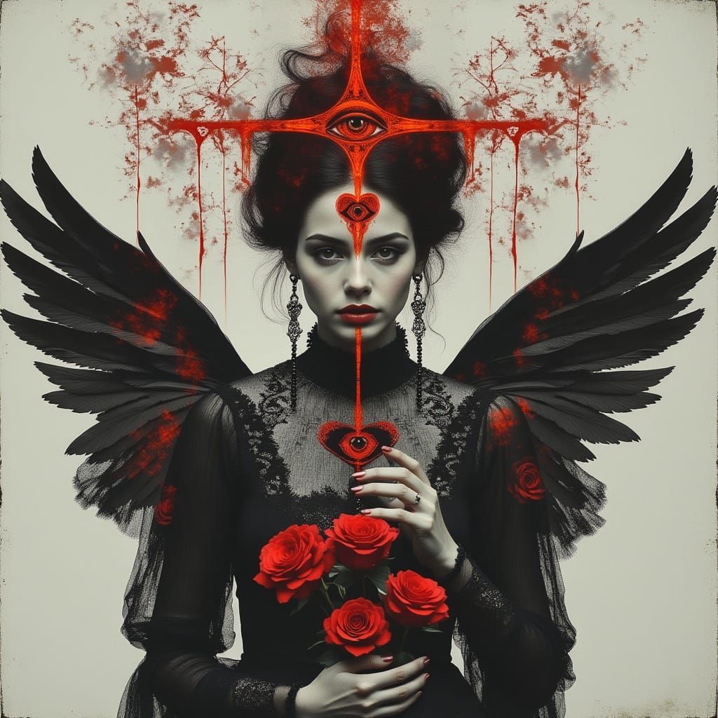 <lora:MJ6-1 DExposure:1.0>  Punk Faith, Our Lady Of Social Awareness , Frieda, wearing goth clothing,  a black and white...