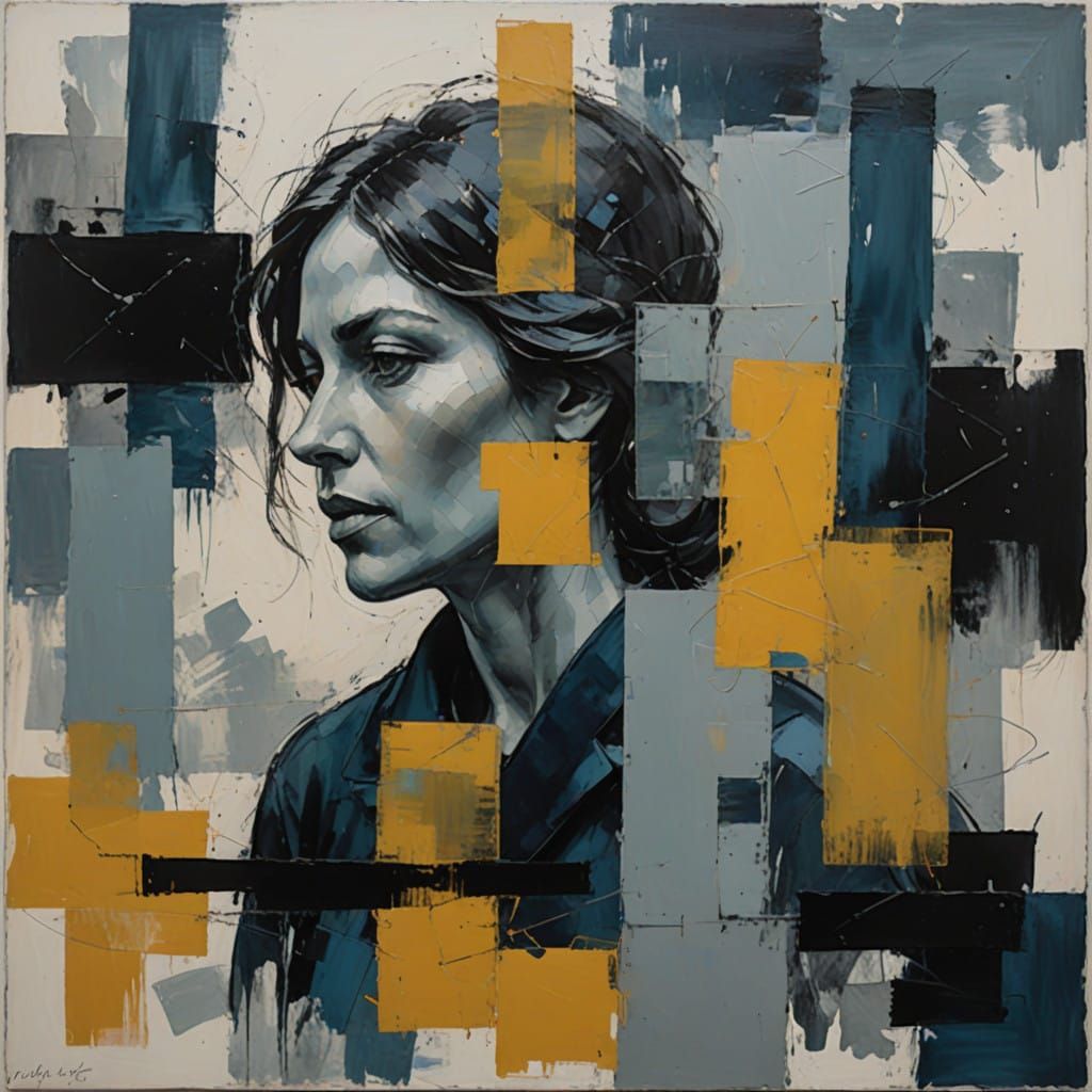 A Contemplative Woman in Muted Blues, Abstract Expressionism