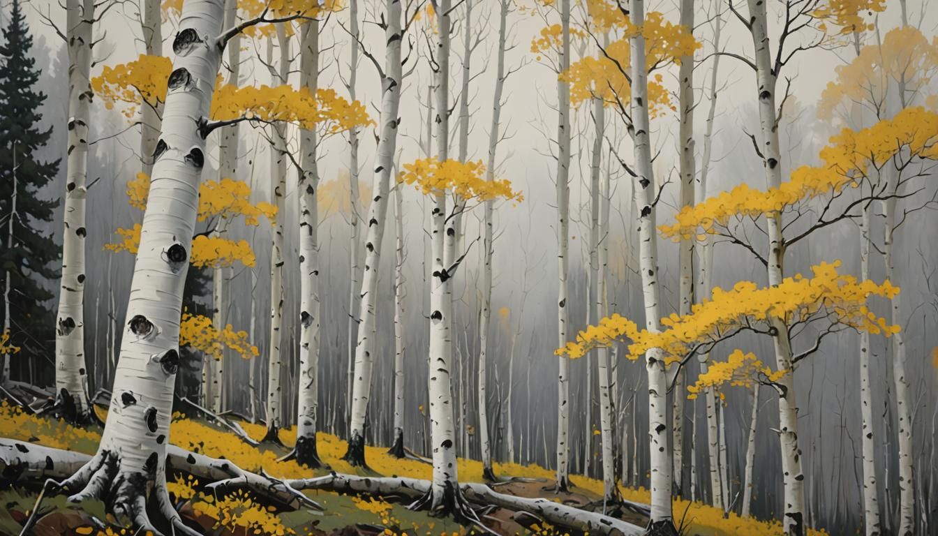 Aspen Forest Painting in Foggy Landscape
