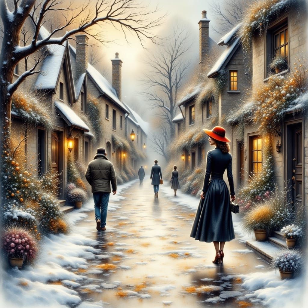 Elegant Woman in Red Hat on Snowy Village Street