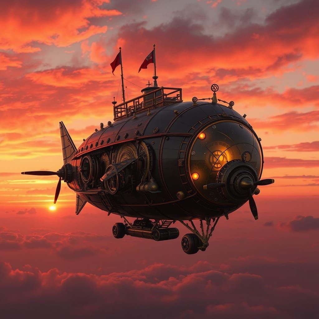 Steampunk Airship Soars through Crimson Sunset in Hyperreali...
