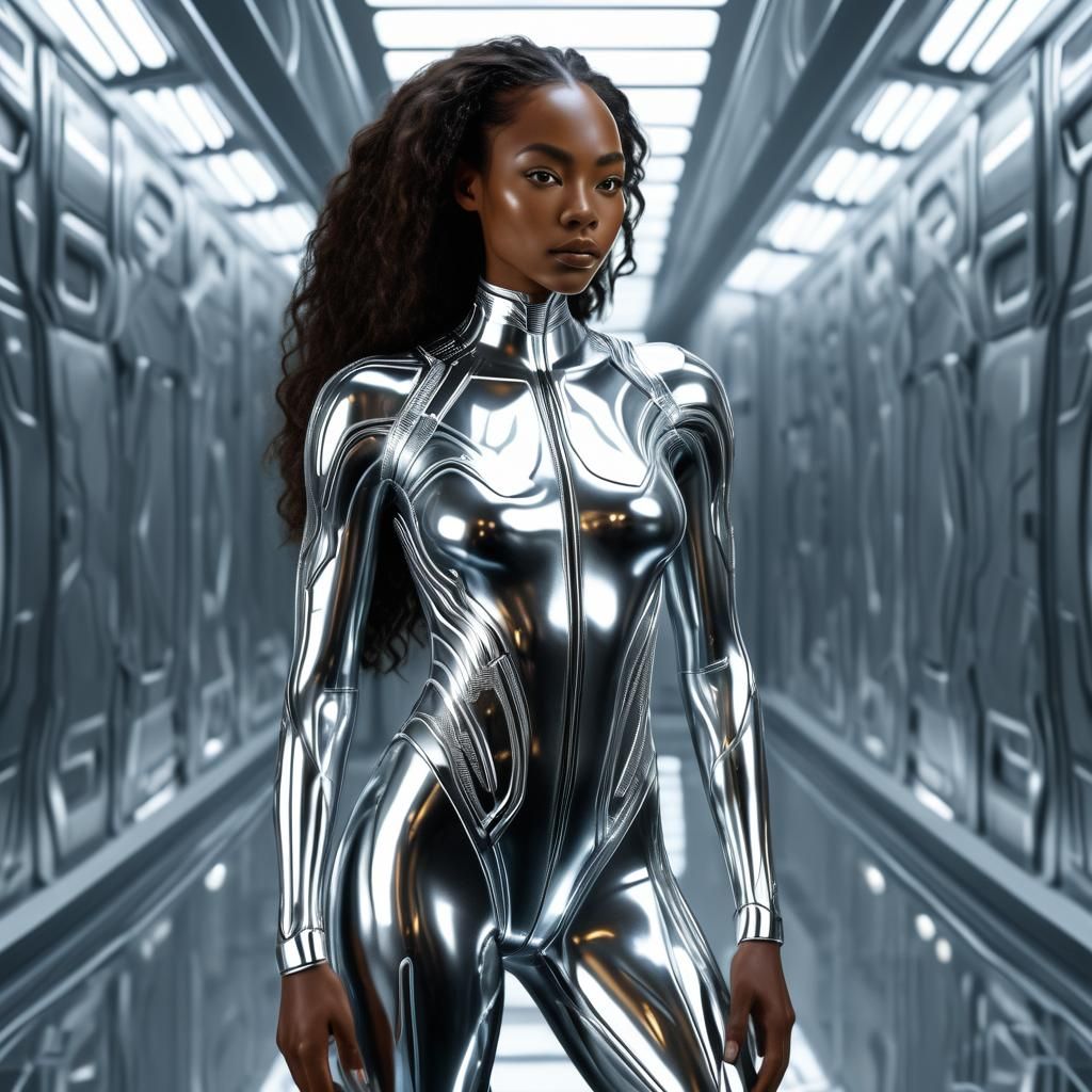 African-American Woman in Liquid Chrome Bodysuit
