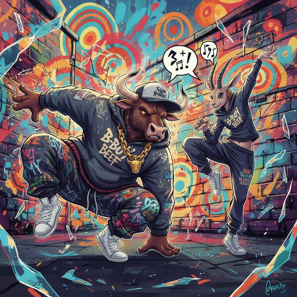 Breakdancing Bull in Hip-Hop Gear Battles Opponent
