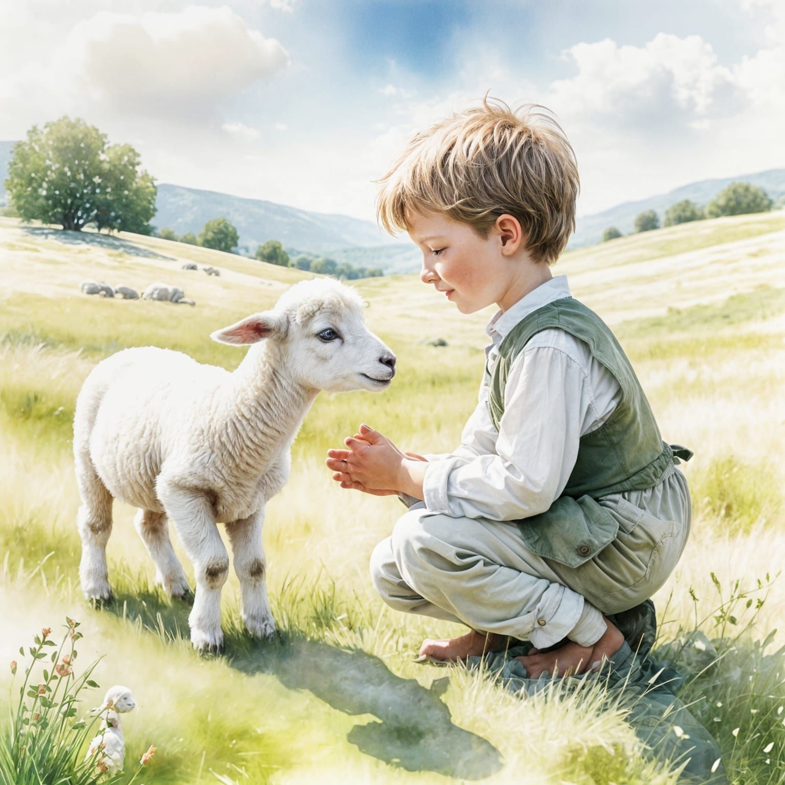 Little Boy Converses with Curious Lamb