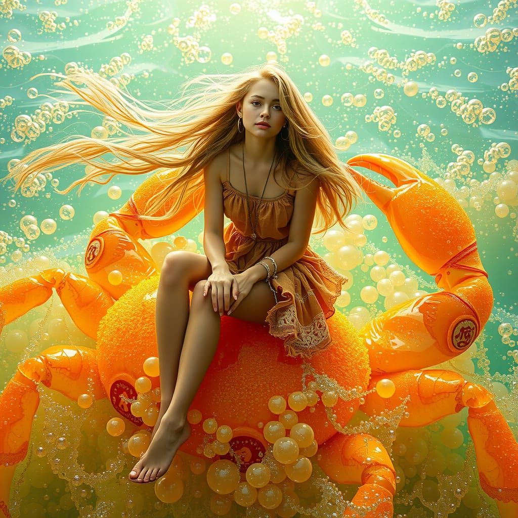 Woman on Gummy Crab in Dreamlike Sea