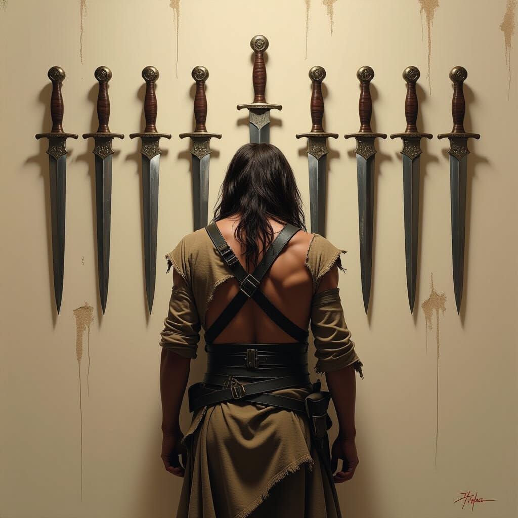 Figure Pinned by Daggers in Surrealist Style