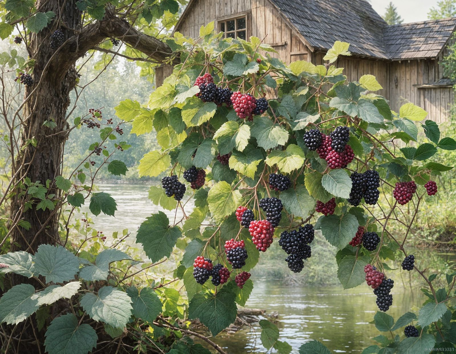 Watercolor Blackberries by Rustic Barn in Morning Light