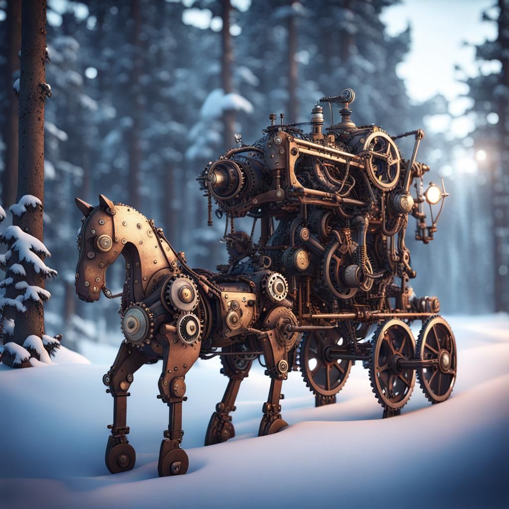 Steampunk Mechanical Horse in Winter Forest