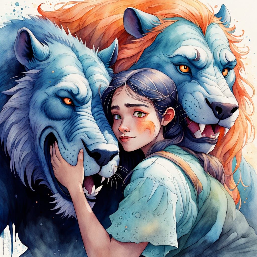 Girl Hugs Beast in Watercolor Storybook Illustration