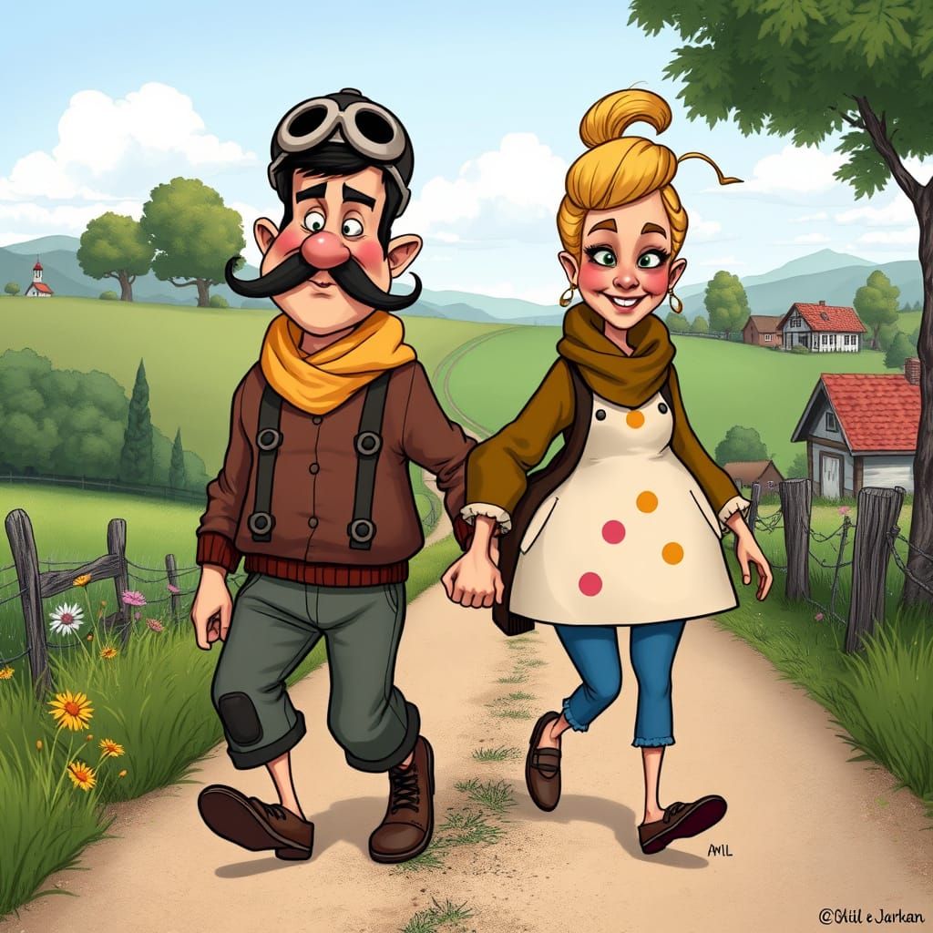 Cartoon Companions Stroll Through Verdant Landscape