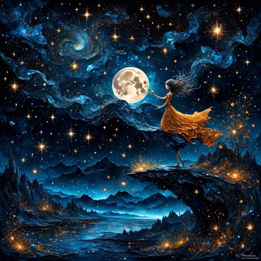 Girl Writes Under Celestial Night Sky in Comic Art