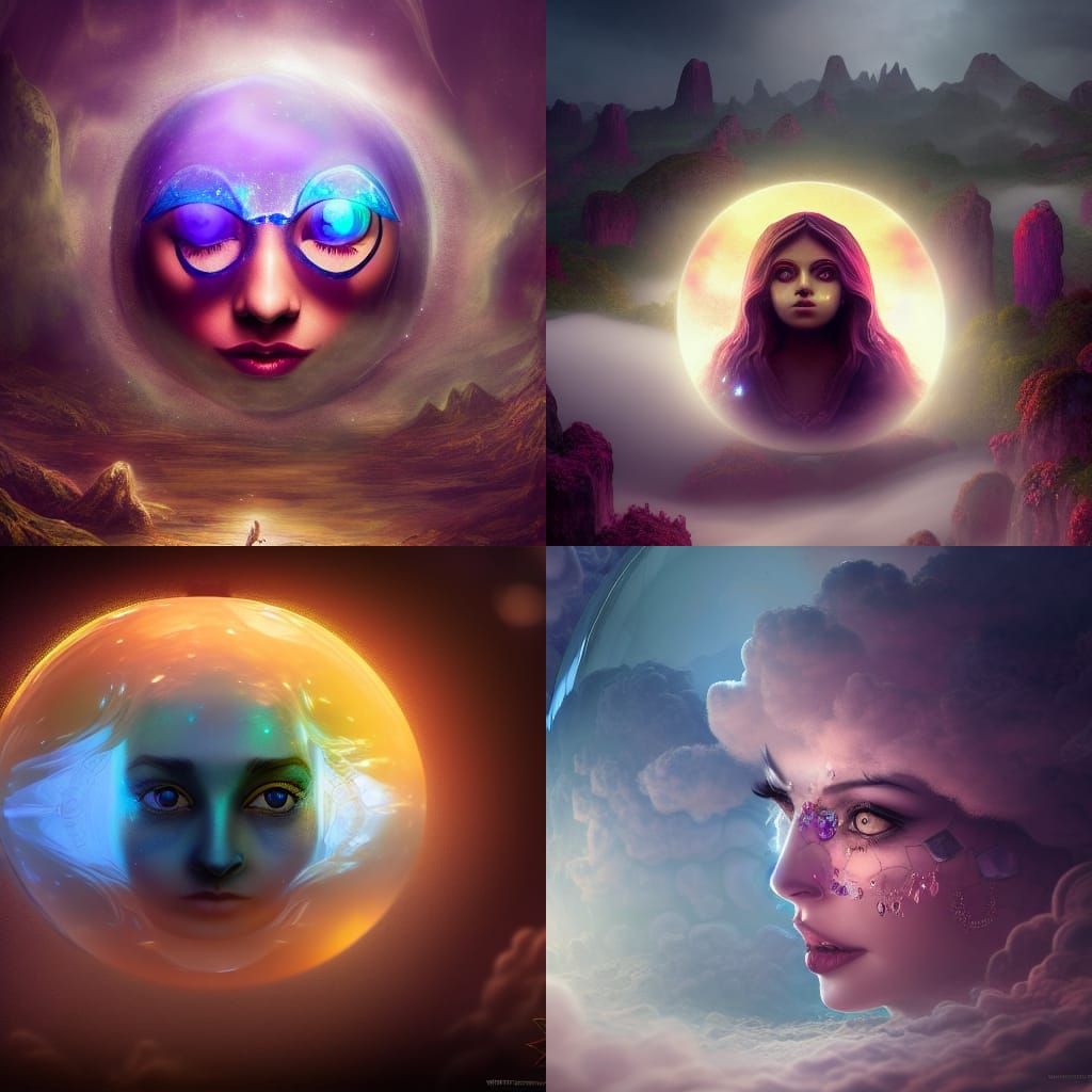 A face within a cloud within a crystal ball within a gypsy vardo detailed matte painting, deep color, fantastical, intri...
