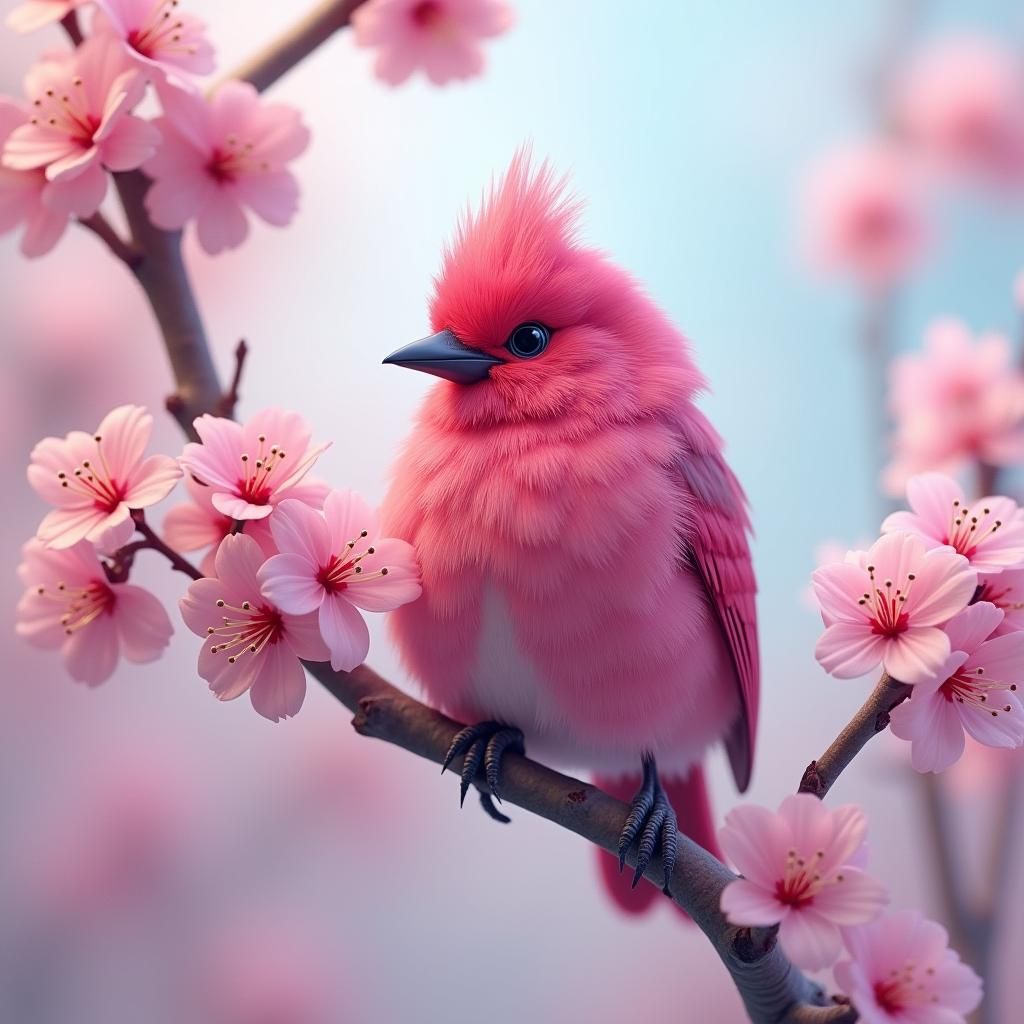 Magenta Bird on Cherry Blossom Branch, Fantasy Art