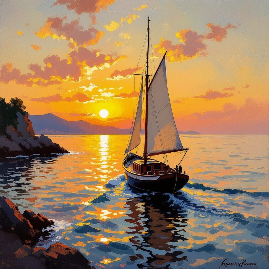 Sunset Boat: Impressionist Seascape in Golden Light