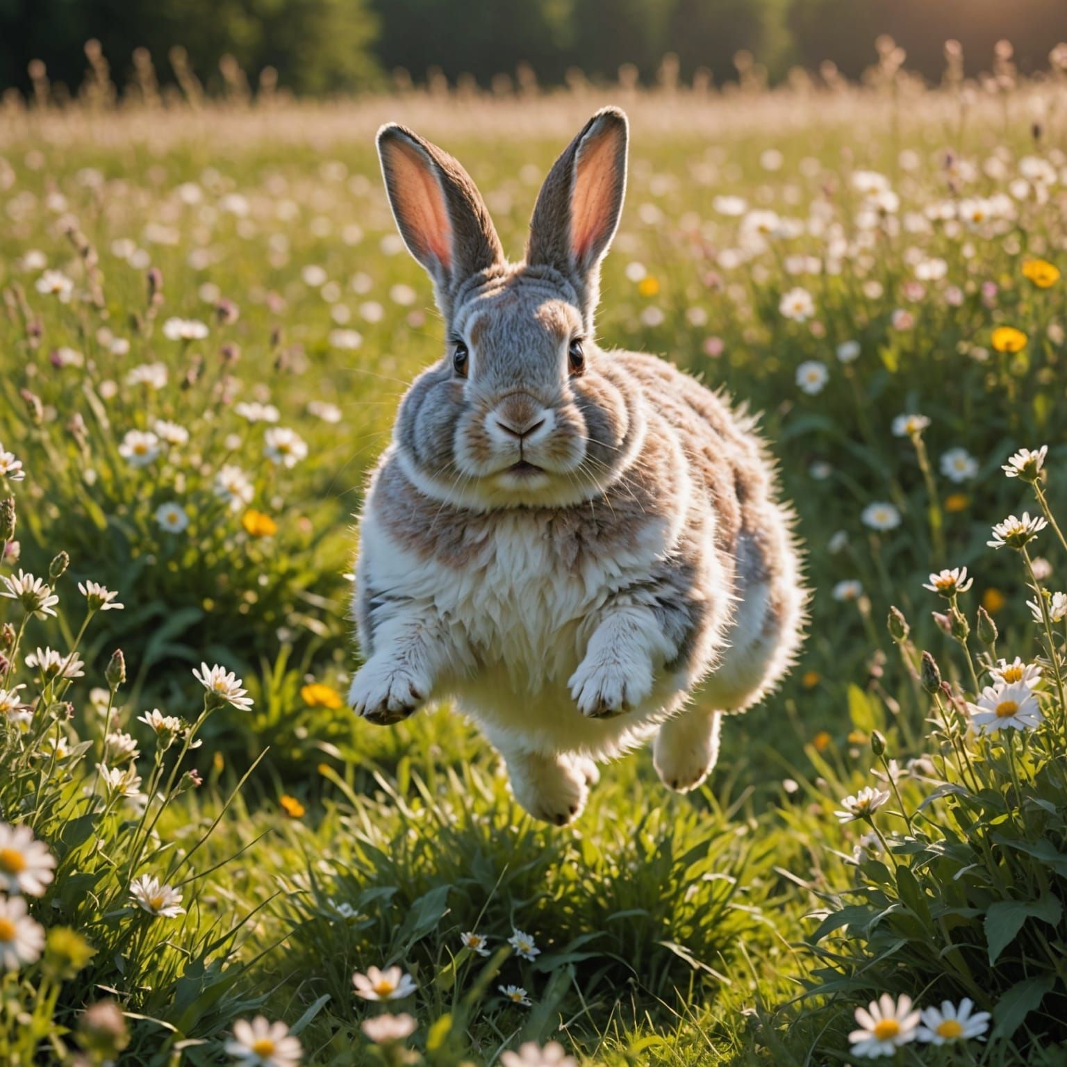 Fluffy Rabbit Leaping Joyfully in Sunlit Meadow
