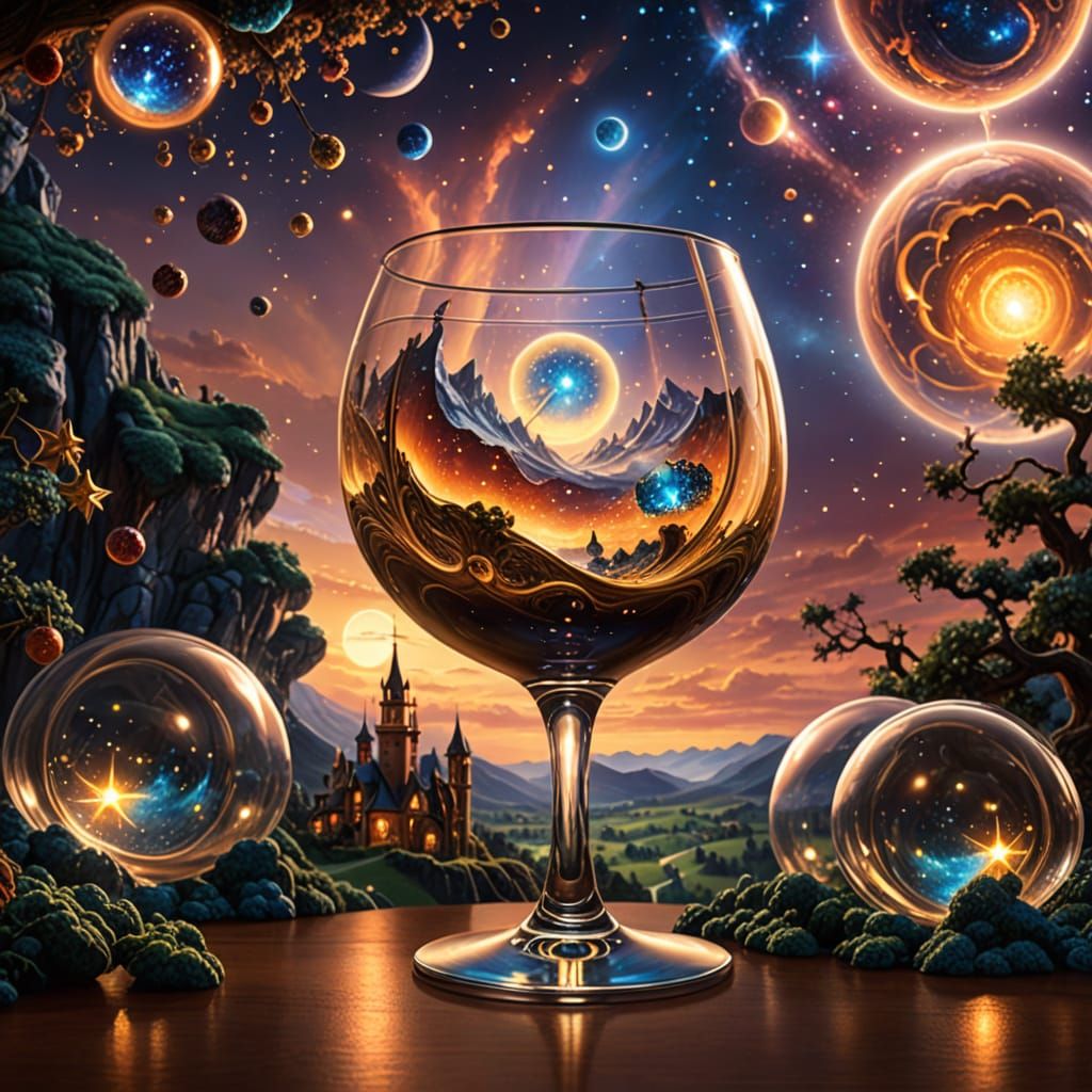 Cosmic Wine Glass in a Surreal Dining Room