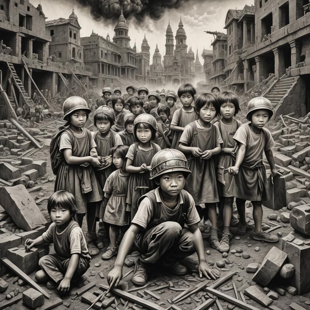 Charcoal Drawing of Children Rebuilding Civilization