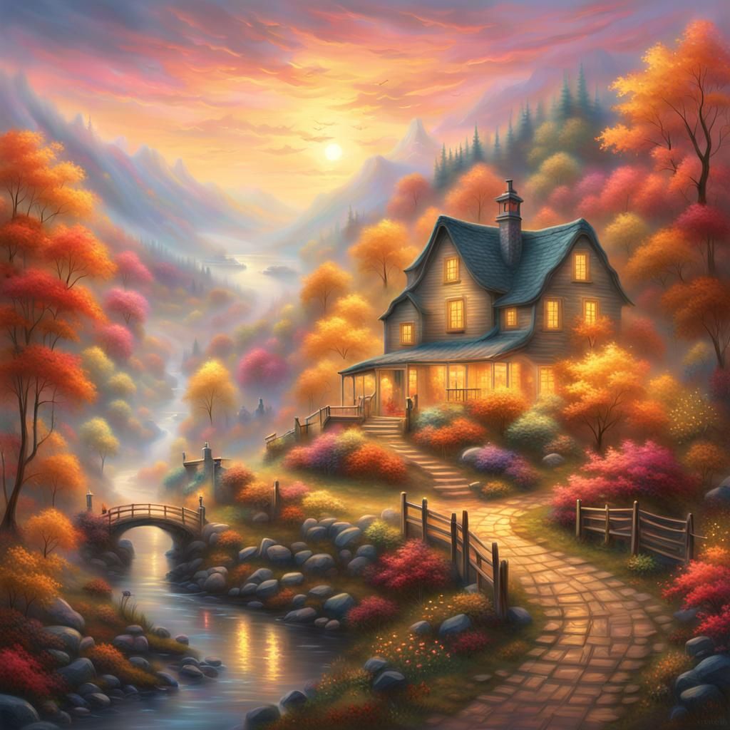Glowing Autumn Village in Neon Mist